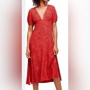 FREE PEOPLE Looking For Love Midi Dress 12 Red Flame Animal Print Keyhole Back